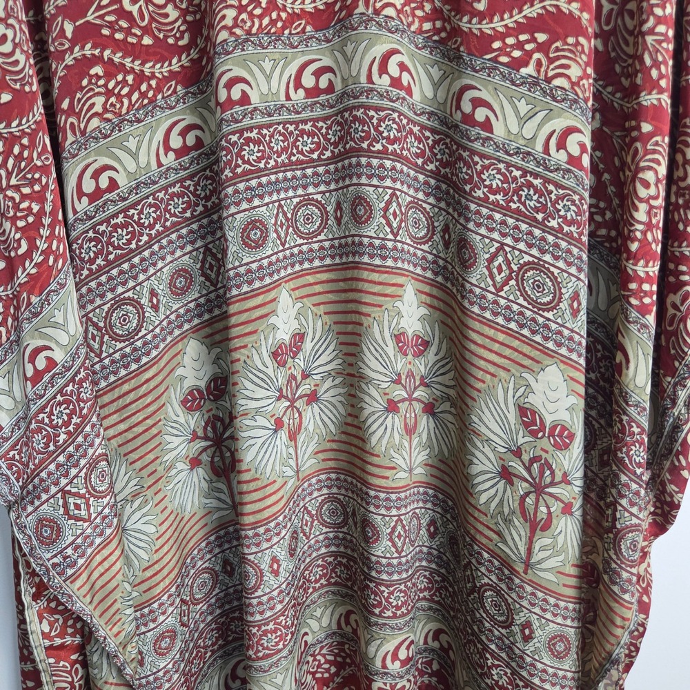 Kantha Bae Red Floral Paisley Silk Kaftan Maxi Dress with Pockets Boho One Size - Picture 2 of 9